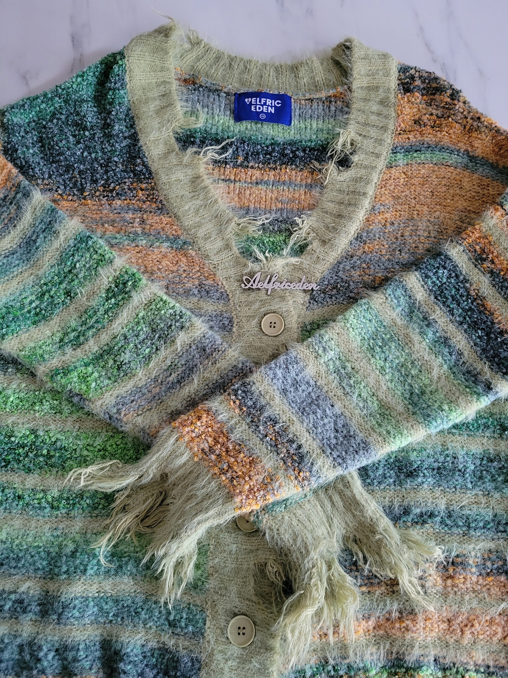 Aelfric Eden Fringe Gradient Pinstripe Cardigan Green Knit Sweater Unisex XS